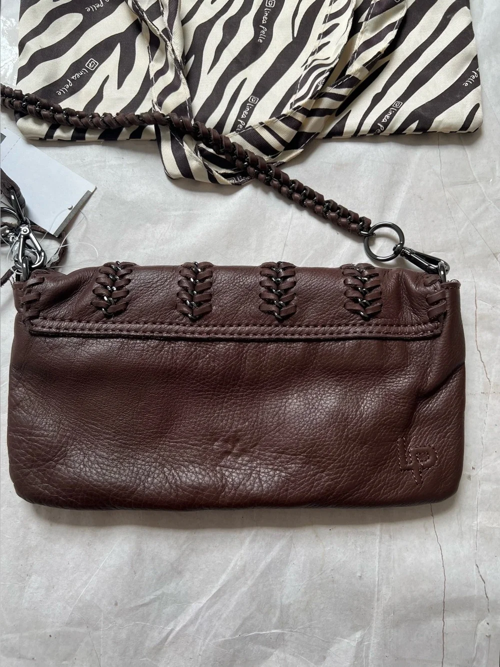 NWT $275 Linea Pelle Soft Brown Leather Whipstitch Chain Crossbody Bag Wristlet